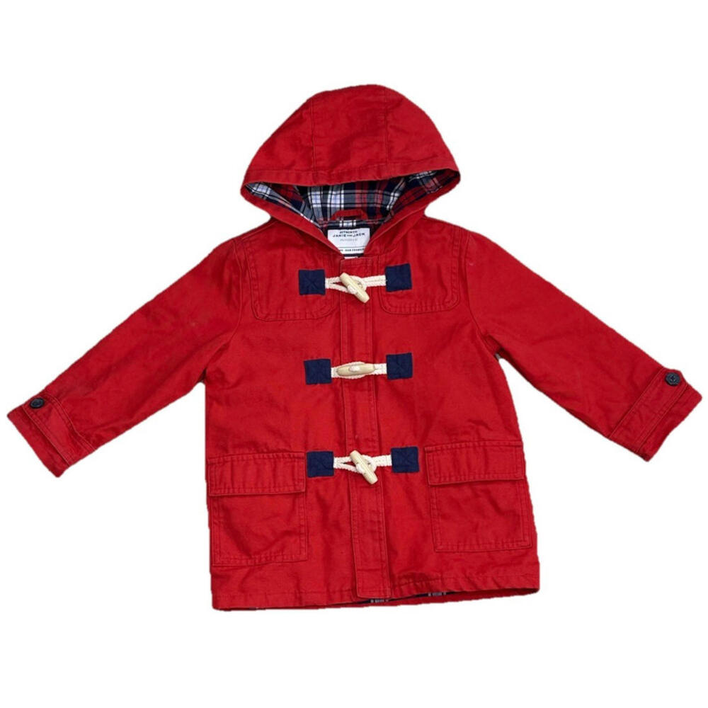Authentic Janie and Jack 2T Red Hooded Cotton Toggle Jacket Coat Plaid Lined - Picture 1 of 5